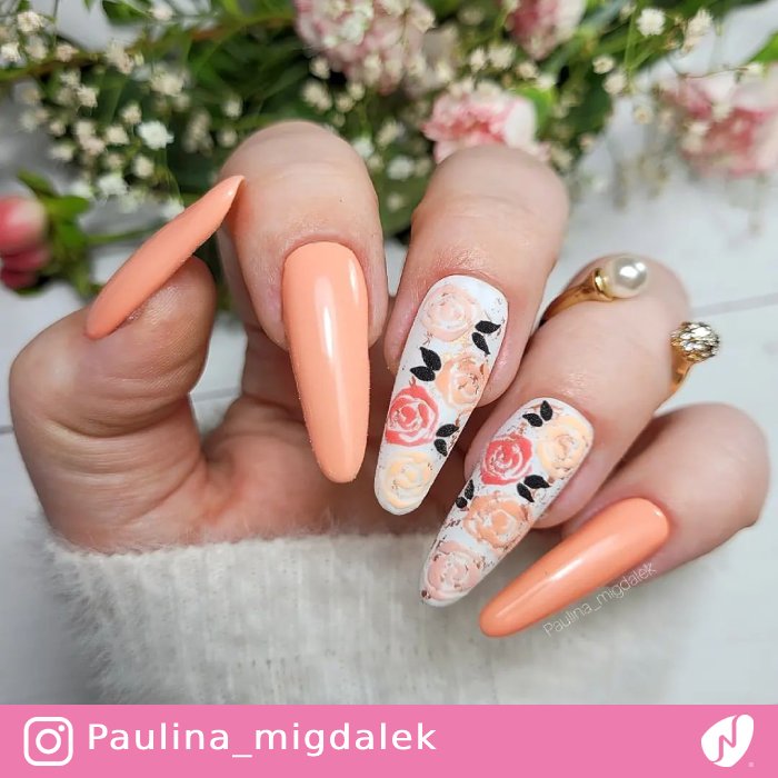 Roses on Peach Color Nails